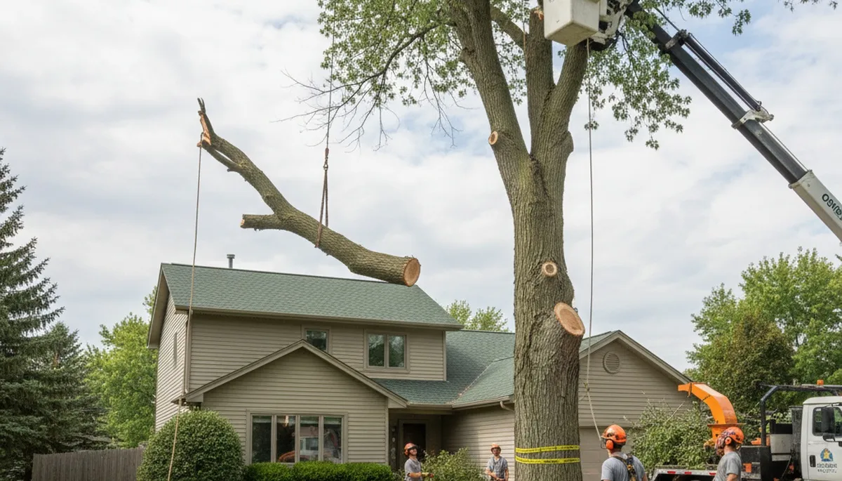 Professional arborists performing safe tree removal with bucket truck at Oshkosh WI residential property
