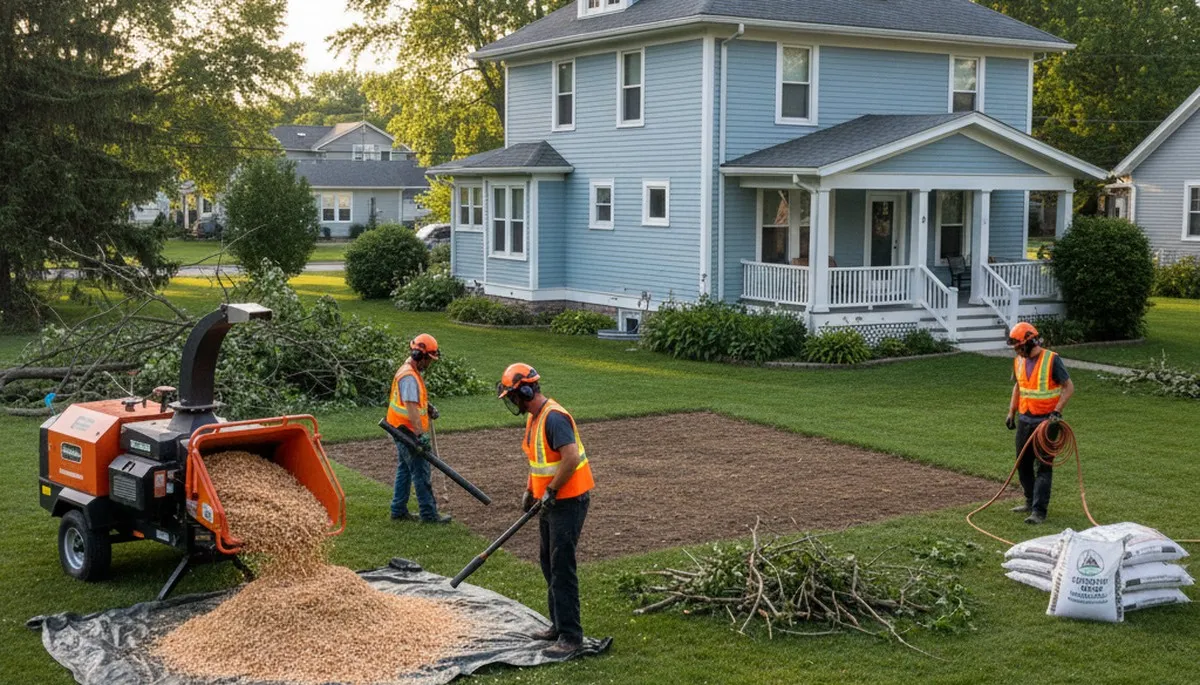 Completed tree removal and yard cleanup by professional crew in Oshkosh WI with stump grinding and mulch