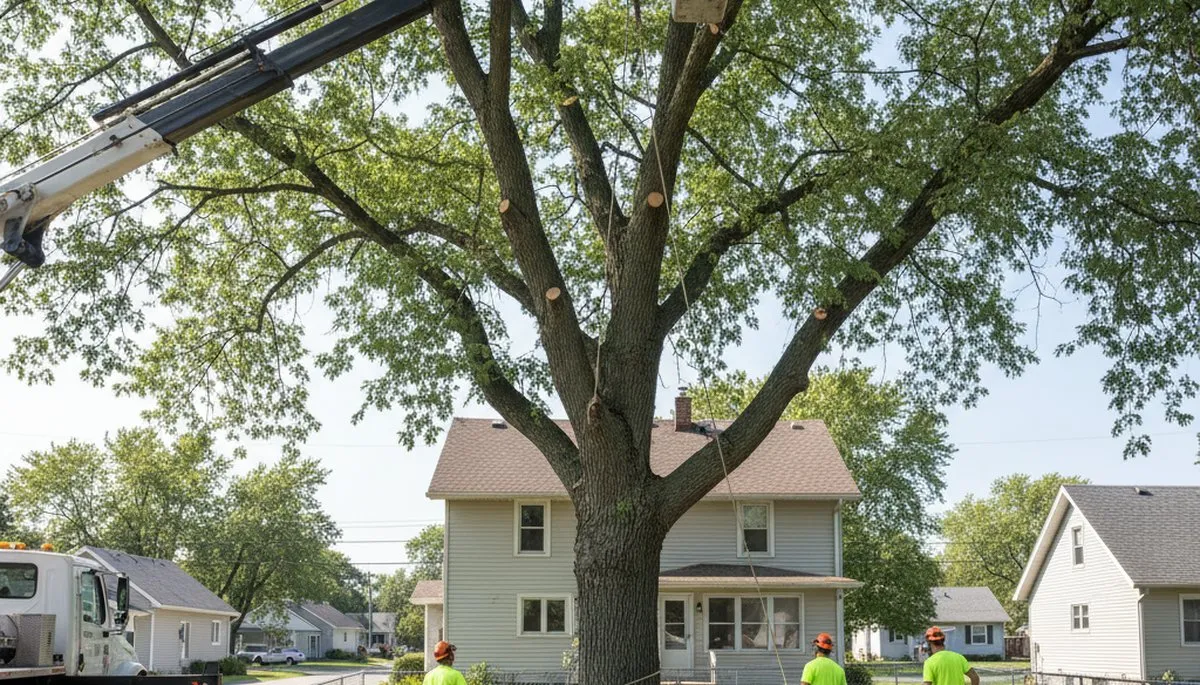 Arborists using bucket truck for large tree removal at Omro home near Oshkosh WI ensuring safe property care