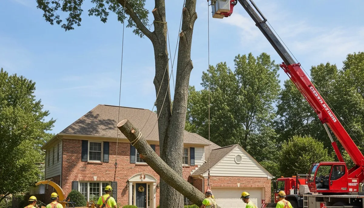 Arborists using bucket truck for large tree removal at Pickett home near Oshkosh, WI