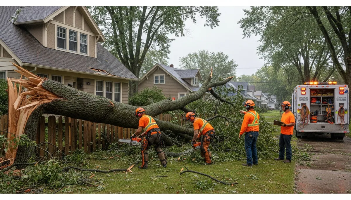 Emergency tree removal crew clearing storm damage for homeowners in Larsen near Oshkosh, WI