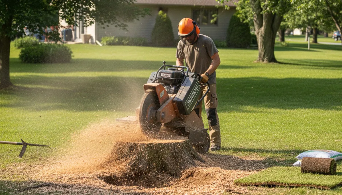 Professional stump grinding removing tree stumps in Larsen near Oshkosh, WI for lawn restoration