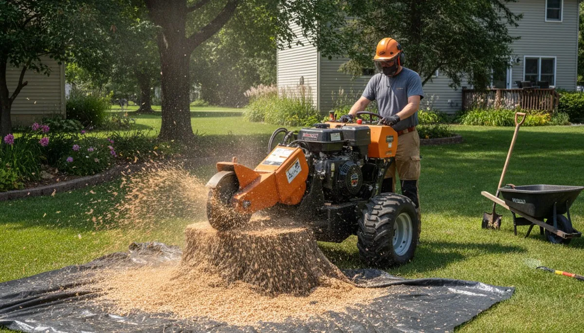 Professional stump grinding service removing tree stumps in Omro, WI near Oshkosh tree removal experts