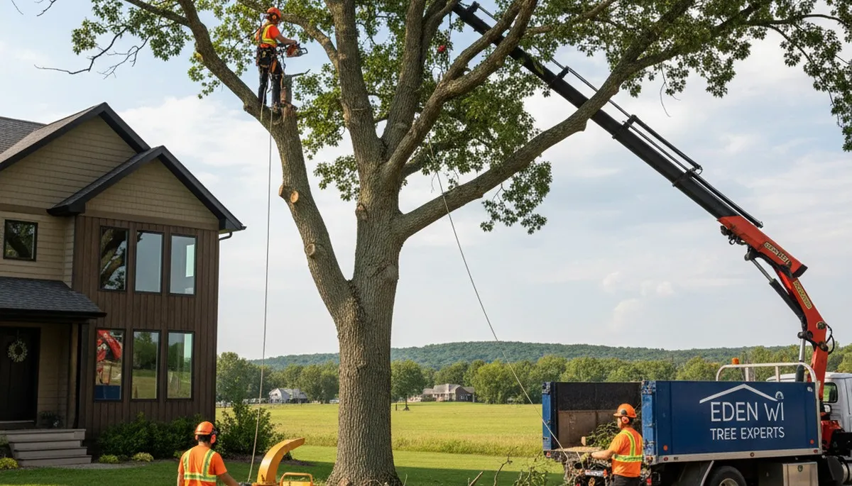 Professional tree removal service in Oshkosh WI safely clearing large oak trees