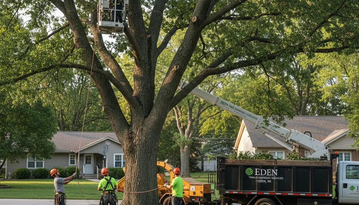 Professional tree removal service in Oshkosh WI safely cutting and clearing large oak trees