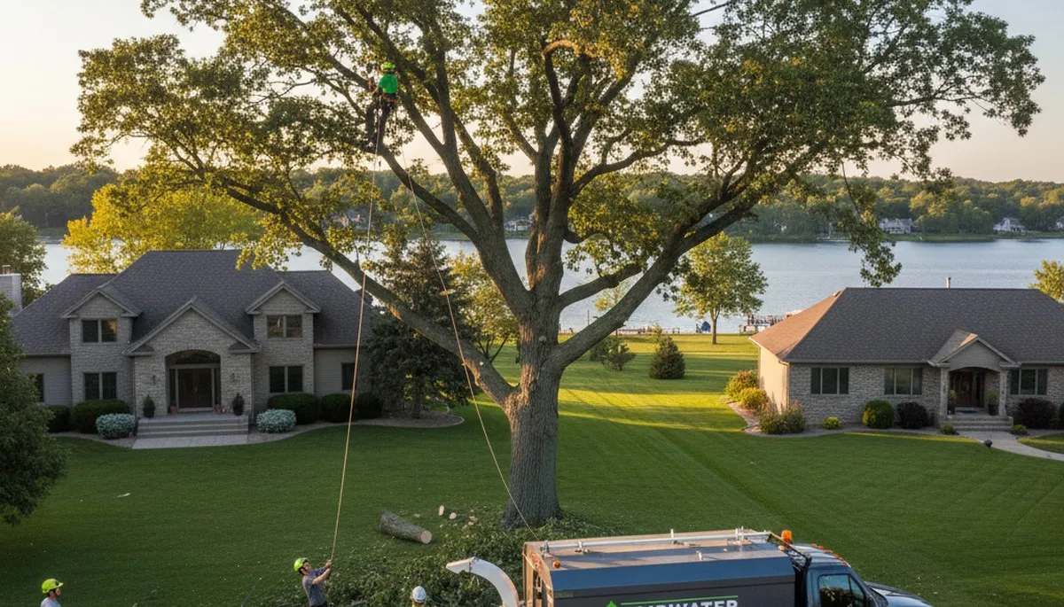 Professional tree removal service in Oshkosh WI safely cutting large tree near residential property