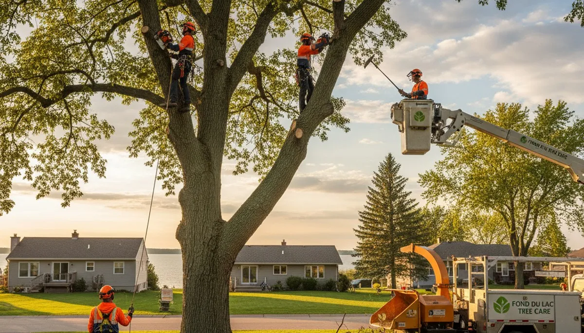 Professional tree removal service in Oshkosh WI safely cutting and clearing large yard trees