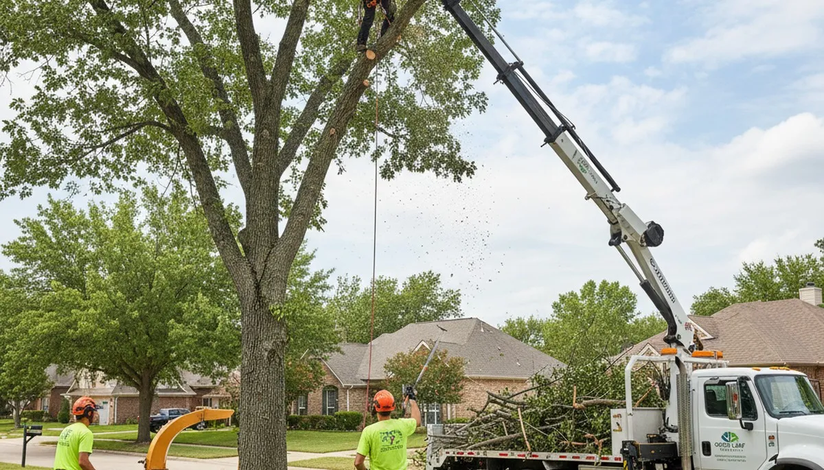 Arborist trimming oak tree branches in Oshkosh, WI for Chop Chop Tree professional tree service