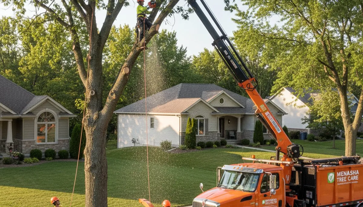 Professional tree removal service in Oshkosh WI safely clearing large oak trees