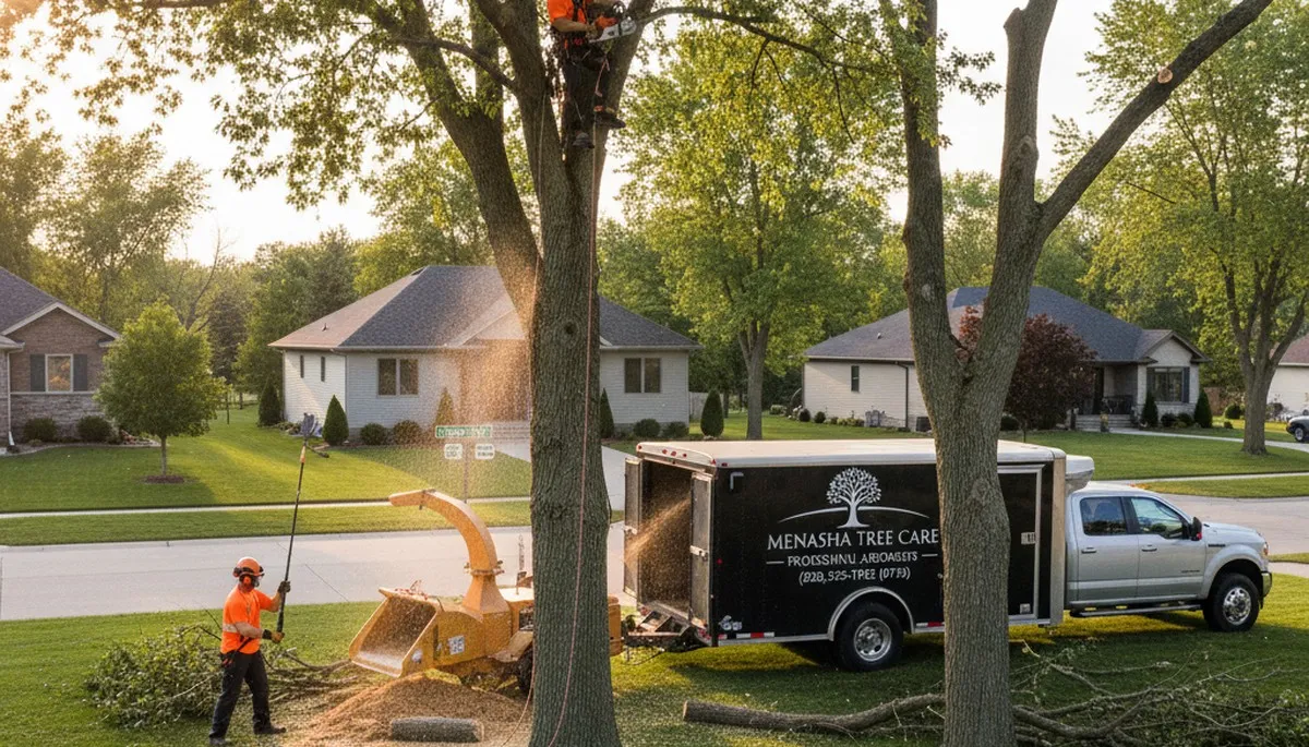 Professional tree removal service in Oshkosh WI safely clearing large oak near residential property