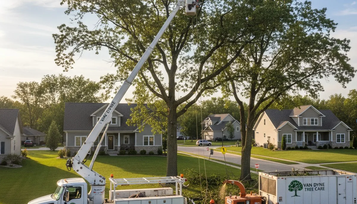 Professional tree removal service in Oshkosh WI safely cutting down large backyard tree